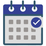 Eine Zeichnung von einem Kalender. Ein blauer Haken markiert ein Datum