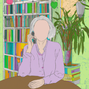 Eine Zeichnung von einer Frau die an einem Tisch sitzt und telefoniert. Bücher in einem Schrank und Pflanzen sind im Raum. Die Frau trägt ein violettes Hemd.