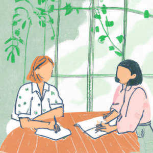 Eine Zeichnung von 2 Frauen an einem Tisch. Die Frauen reden und schreiben in ein Heft. Ein großes Fenster mit Pflanzen ist im Hinter-Grund. Der Tisch ist braun.