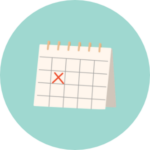 Eine Zeichnung von einem kleinen Kalender in einem Kreis. Ein Datum ist rot markiert.