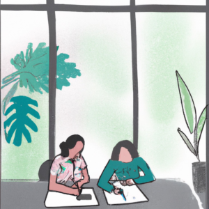 Eine Zeichnung von 2 Frauen an einem Tisch. Die Frauen schreiben auf Papier und sitzen vor einem großen Fenster.