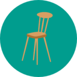 Eine Zeichnung von einem Stuhl in einem Kreis.