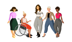 Eine Zeichnung von 5 verschiedenen Frauen Die Frauen sind unterschiedlich alt.Eine Frau sitzt im Rollstuhl. 2 Frauen tragen Röcke. 3 Frauen tragen Hosen.