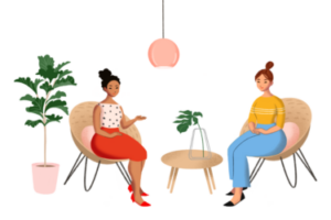Eine Zeichnung von 2 Frauen. Die Frauen sitzen auf Stühlen und reden zusammen. Eine Pflanze steht links im Bild. Eine Lampe hängt zwischen den Frauen. Die Frauen tragen bunte Kleidung.