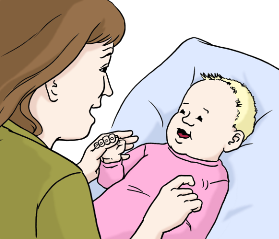 Eine Zeichnung von einer Frau und einem Baby. Die Frau und das Baby lachen.