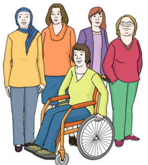 Eine Zeichnung von 5 Frauen. Die Frauen tragen bunte Kleidung und lachen. Alle Frauen sind verschieden. Eine Frau sitzt in einem Roll-Stuhl.
