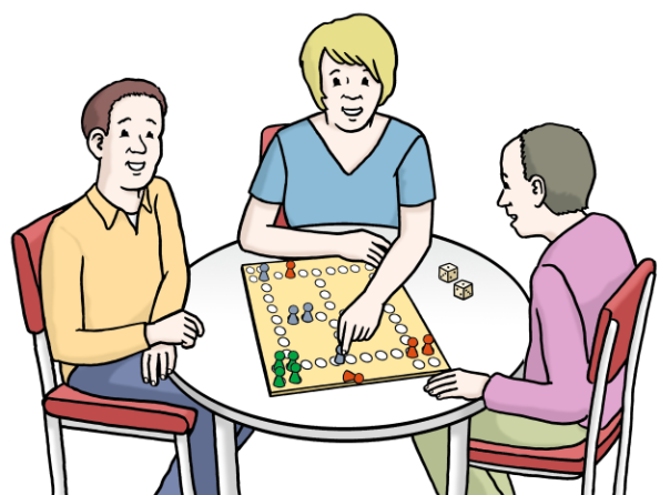 Eine Zeichnung von einer Frau und 2 Männern an einem Tisch. Die Gruppe spielt ein Brett-Spiel.