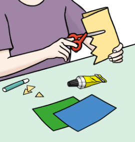 Eine Zeichnung von einer Person mit einer roten Schere in der Hand. Die Person schneidet ein gelbes Papier. Auf dem Tisch sind eine Tube Leim und ein blaues und grünes Papier.