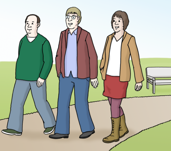 Eine Zeichnung von 2 Männern und einer Frau. Die Gruppe geht draussen spazieren.