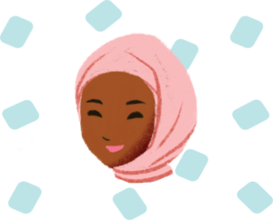Eine Zeichnung von einem Frauen-Kopf. Die Frau trägt ein rosa Kopf-Tuch und lacht.