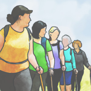 Eine Zeichnung von 5 Frauen. Die Frauen tragen Ruck-Säcke und Stöcke. Die Frauen wandern zusammen.