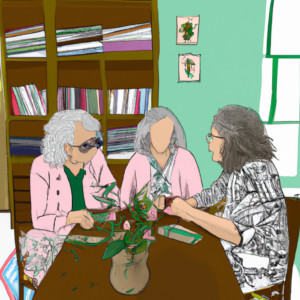Eine Zeichnung von 3 Frauen an einem Tisch. Die Frauen reden zusammen. Blumen stehen auf dem Tisch. Der tisch ist braun. Ein Regal mit Büchern ist im Hinter-Grund.