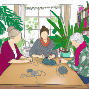 Eine Zeichnung von 3 Frauen an einem Tisch. Die Frauen stricken. Der Tisch ist braun. Große grüne Pflanzen sind im Raum.