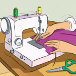 Eine Zeichnung von einer Nähmaschine. Eine Hand führt rosa Stoff an der Nähmaschine. Eine Schere liegt daneben.