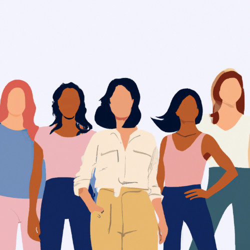 Eine Zeichnung von 5 Frauen. Die Frauen haben lange Haare. Die Frauen tragen Hosen und kurze Hemden.