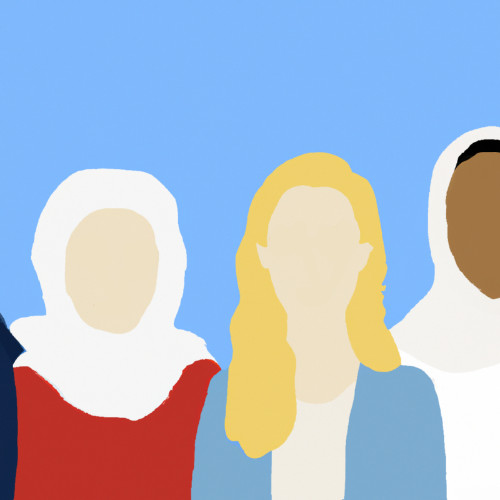 Eine Zeichnung von 3 Frauen. 2 Frauen tragen Kopf-Tücher.