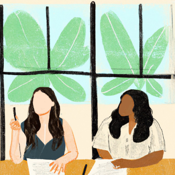 2 Frauen sitzen an einem Tisch vor einem großen Fenster. Die Frauen haben lange Haare und Papier und Stift in der Hand.