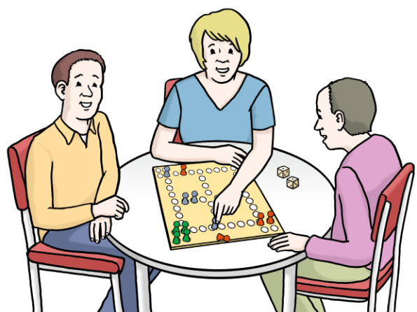 Eine Zeichnung von einer Frau und 2 Männern an einem Tisch. Die Gruppe spielt ein Brett-Spiel.