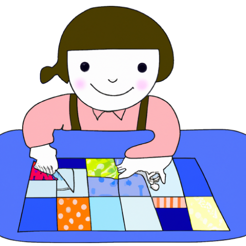 Eine Zeichnung von einer jungen Frau an einem Tisch. Die Frau lächelt und arbeitet an einem bunten Patchwork-Projekt.