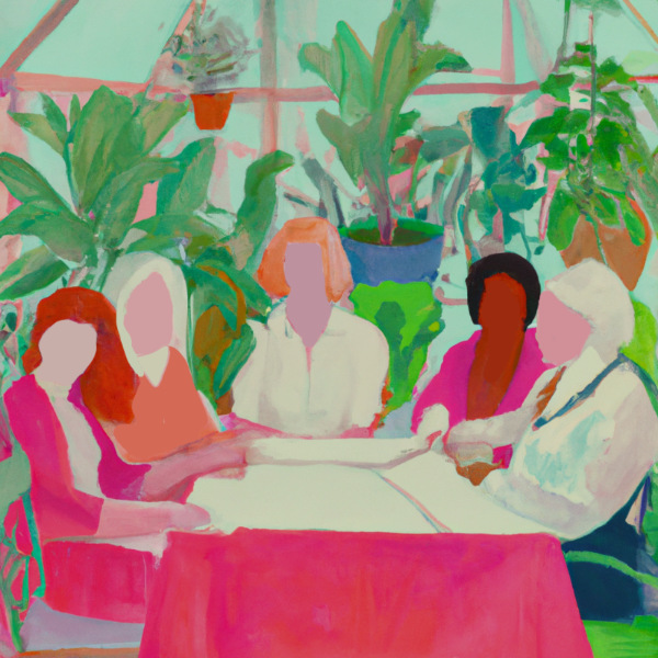 Eine Zeichnung von 5 Frauen. Die Frauen sitzen an einem Tisch. Die Farben sind rosa , rot und weiß. Große Pflanzen stehen im Hintergrund.