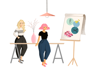 Eine Zeichnung von 2 Frauen. Die Frauen stehen an einem Tisch. Blumen steht auf dem Tisch. Die Frauen schauen auf den Wochen-Plan vom Frauen-Zentrum.