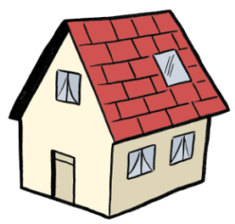 Eine Zeichnung von einem Haus. Das Haus hat ein rotes Dach.