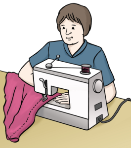 Eine Zeichnung von einer Frau an einer Näh-Maschine. Die Frau näht einen roten Stoff.